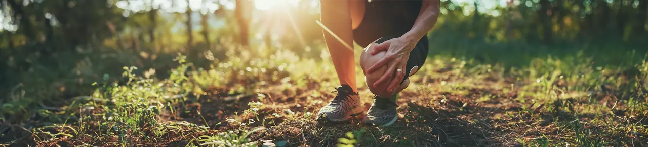 Orthese oder Bandage, Joggerin fasst sich ans Knie, Bandage stabilisiert
