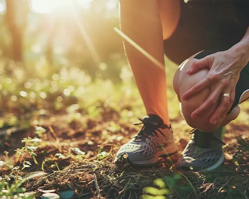 Orthese oder Bandage, Joggerin fasst sich ans Knie, Bandage stabilisiert
