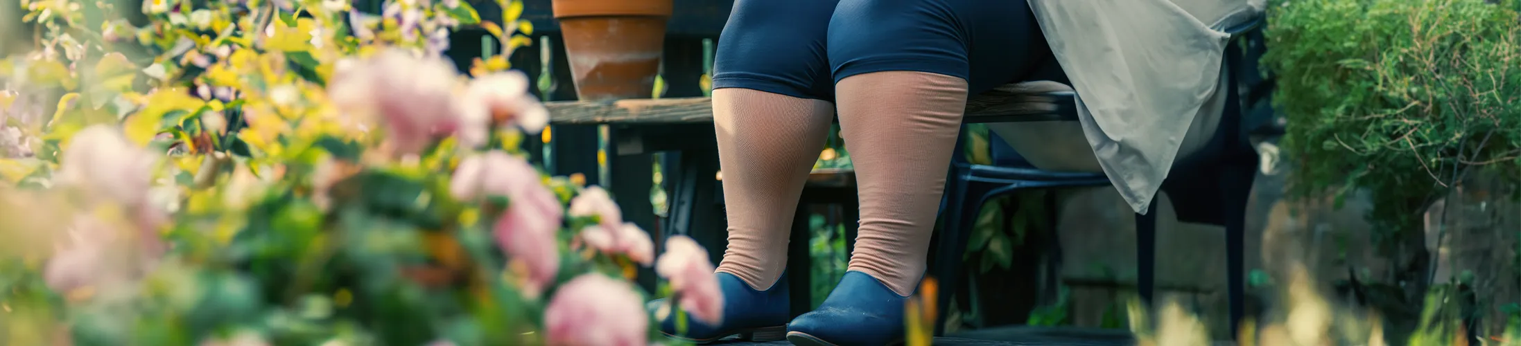 Kompression bei Lipödem, Frau mit Lipödem trägt Kompressionsstrümpfe, Reduktion von Schwellungen