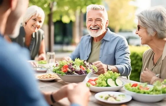 vier Personen mit Krampfadern sitzen an Tisch, essen Salate, Bäume im Hintergrund
