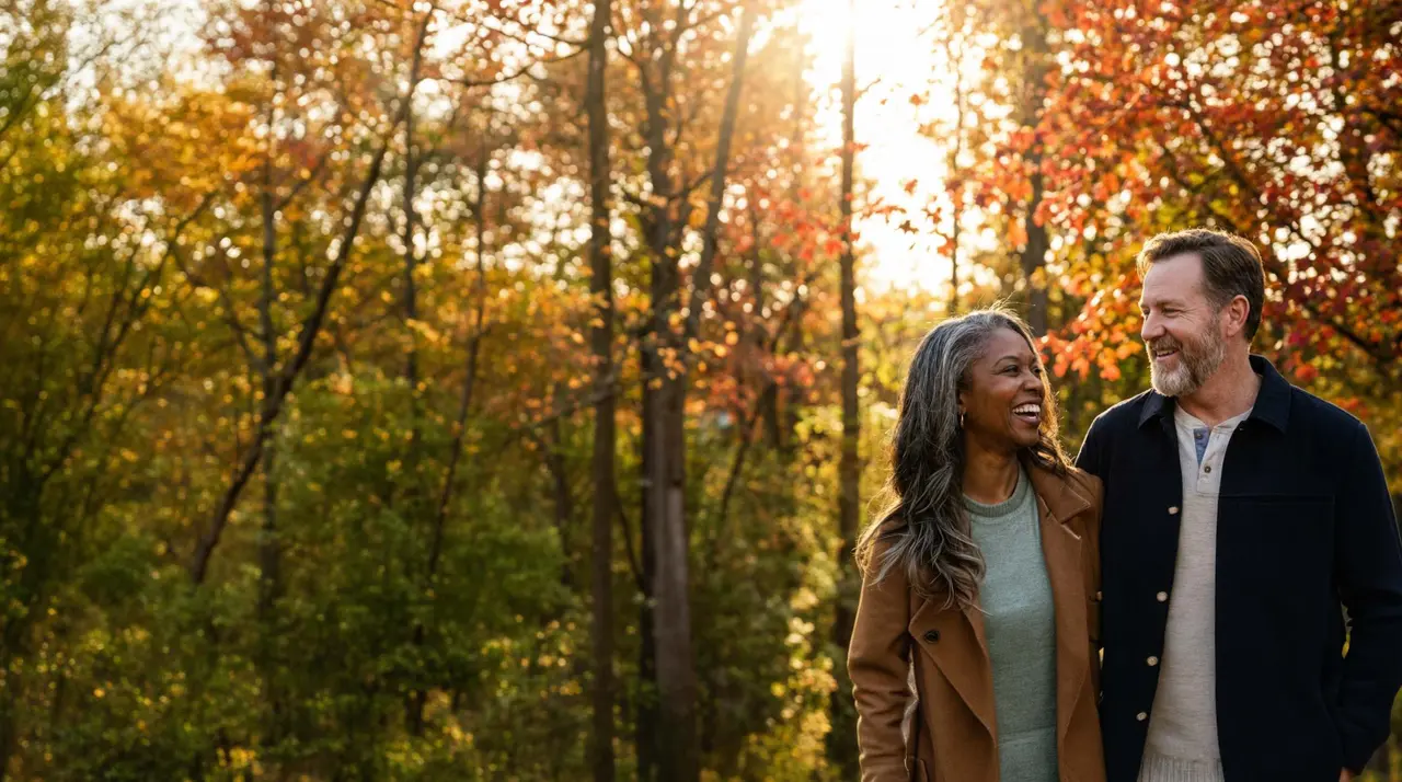 Pärchen spaziert lachend durch einen herbstlichen Wald