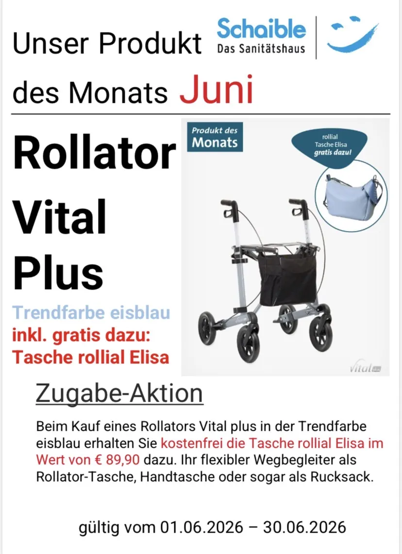 Produkt des Monats Juni_Rollator Vital Plus Trendfarbe eisblau inkl. gratis dazu: Tasche rollial Elisa
