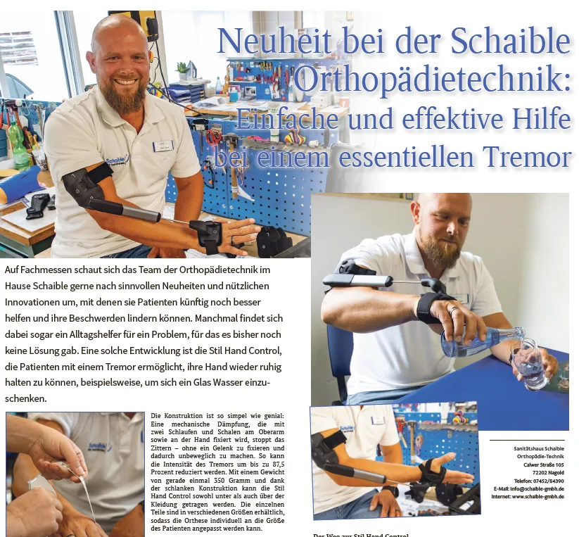 Neuheit bei der Schaible Orthopädietechnik: Einfache und effektive Hilfe bei einem essentiellen Tremor