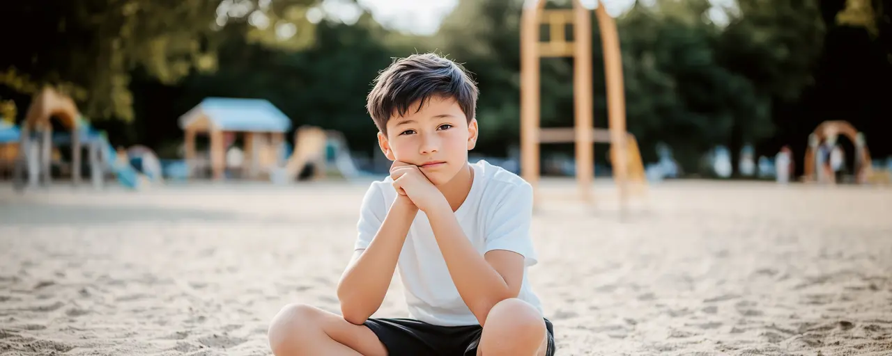 Junge mit Schürfwunde an Hand, sitzt auf dem Boden auf Spielplatz, schaut traurig