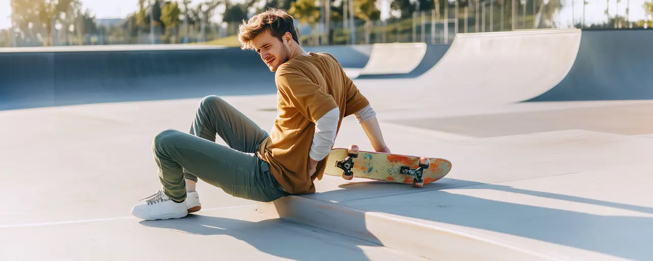 junger Mann hält sich das Steißbein nach Sturz mit Skateboard, hält Skateboard in der Hand, schmerzverzehrtes Gesicht