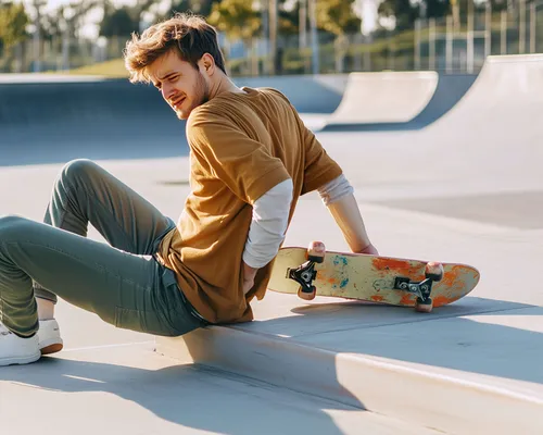 junger Mann hält sich das Steißbein nach Sturz mit Skateboard, hält Skateboard in der Hand, schmerzverzehrtes Gesicht