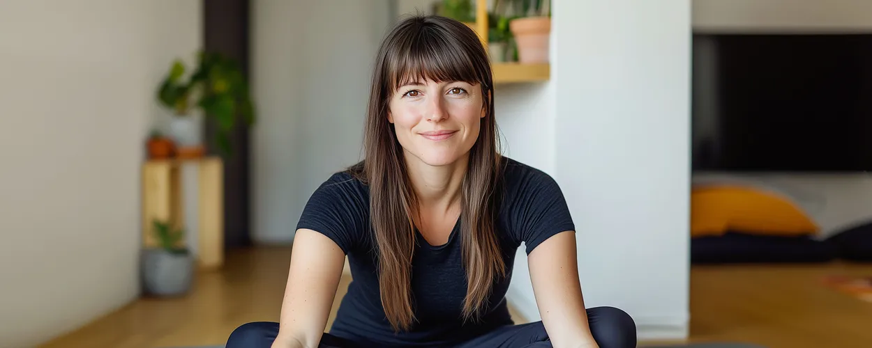 Frau mit Kokzygodynie schaut in Kamera, macht Übung, beugt sich nach vorne, Wohnung im Hintergrund