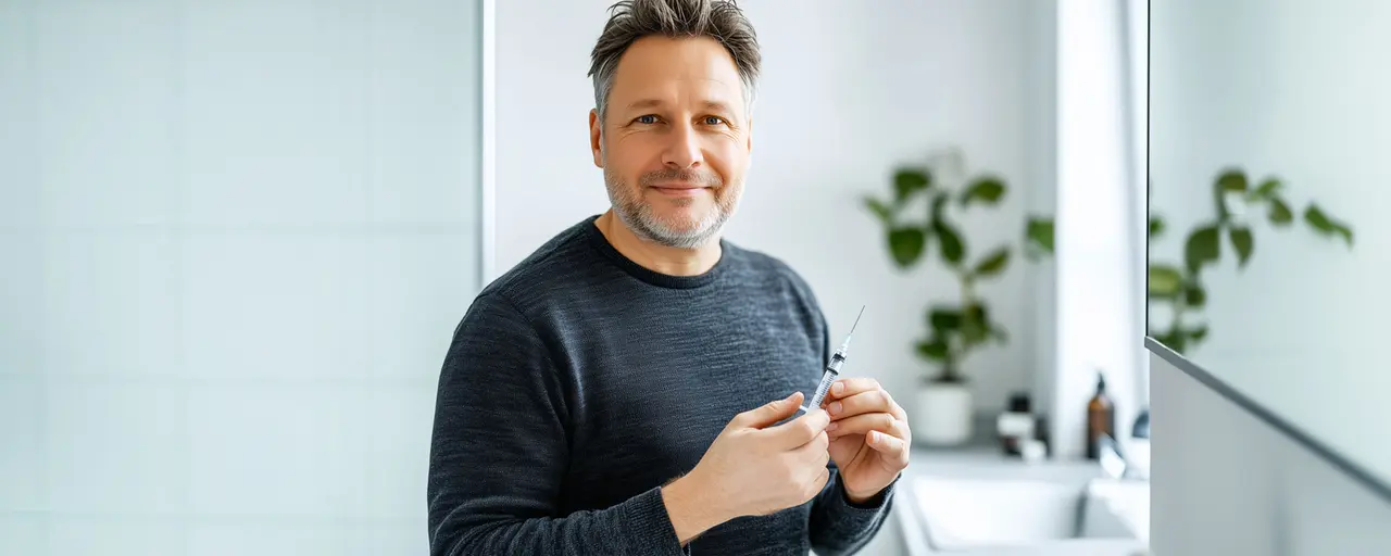 Mann hält Spritze mit Insulin in der Hand, Badezimmer im Hintergrund