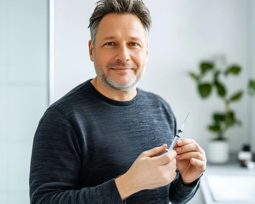 Mann hält Spritze mit Insulin in der Hand, Badezimmer im Hintergrund