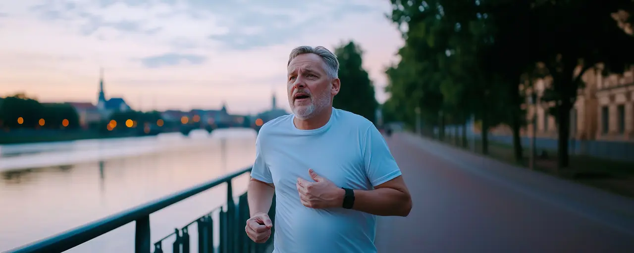 Mann mit Rückenschmerzen im oberen Rücken hält Hand an die Rippe, joggt gerade, schmerzverzehrtes Gesicht, Fluss im Hintergrund