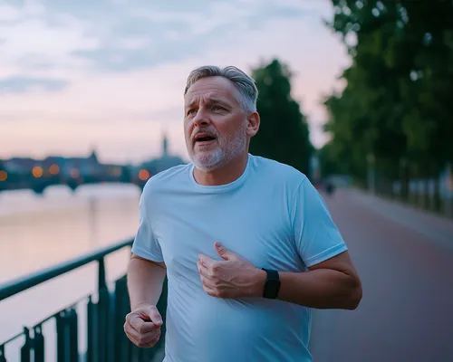 Mann mit Rückenschmerzen im oberen Rücken hält Hand an die Rippe, joggt gerade, schmerzverzehrtes Gesicht, Fluss im Hintergrund