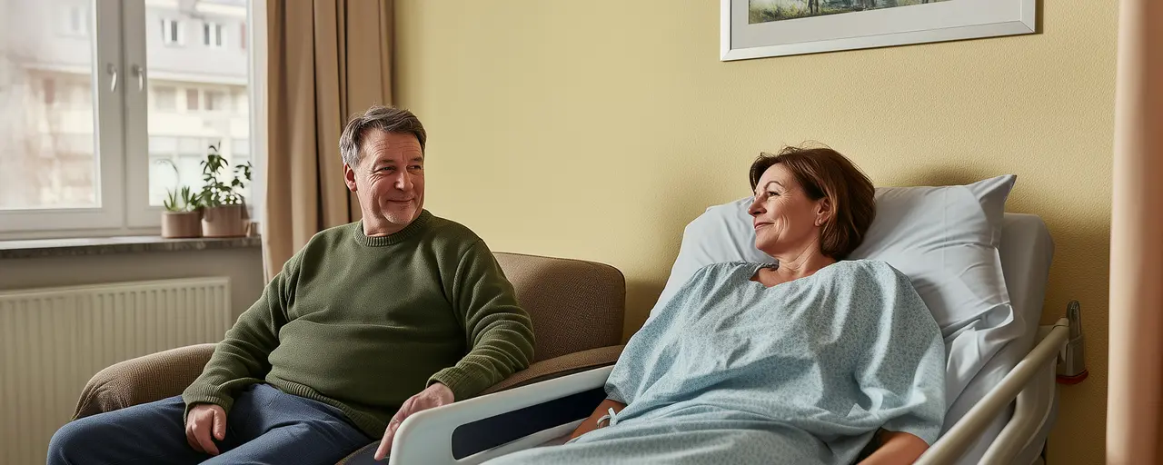 Frau mit Dekubitus Grad 1 liegt in Krankenhausbett, Mann sitzt auf Sessel neben ihr, unterhalten sich, gelbe Wand im Hintergrund