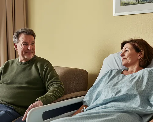 Frau mit Dekubitus Grad 1 liegt in Krankenhausbett, Mann sitzt auf Sessel neben ihr, unterhalten sich, gelbe Wand im Hintergrund