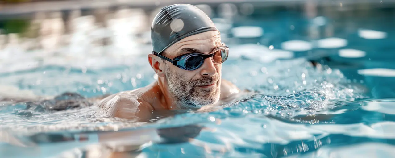 Mann mit Diabetes schwimmt Bahnen im Schwimmbecken, misst Diabetes ohne Stechen, trägt Badehaube und Taucherbrille