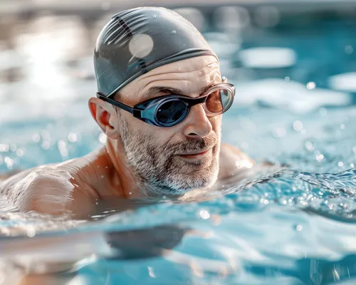 Mann mit Diabetes schwimmt Bahnen im Schwimmbecken, misst Diabetes ohne Stechen, trägt Badehaube und Taucherbrille