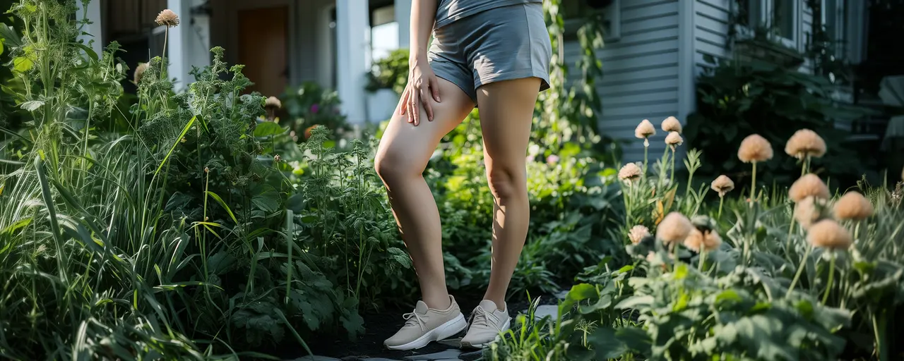 Frau mit Piriformis-Syndrom hält sich den Oberschenkel, steht draußen im Garten