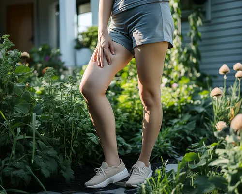 Frau mit Piriformis-Syndrom hält sich den Oberschenkel, steht draußen im Garten
