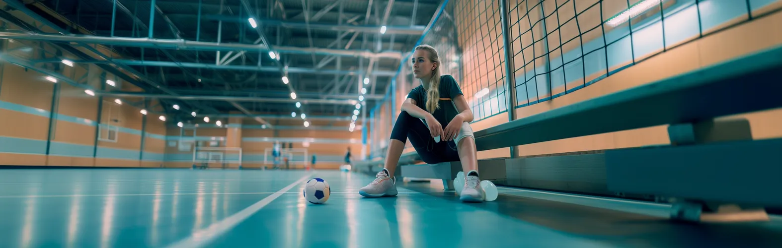 Bänderriss Fuß, sitzende Frau in Sporthalle, ein Fuß wird gekühlt, vor der Frau liegt ein Ball, Sportunfall