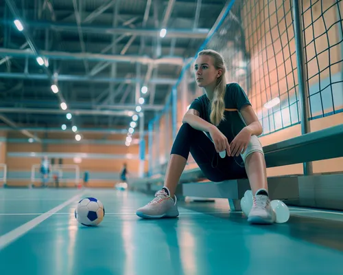 Bänderriss Fuß, sitzende Frau in Sporthalle, ein Fuß wird gekühlt, vor der Frau liegt ein Ball, Sportunfall