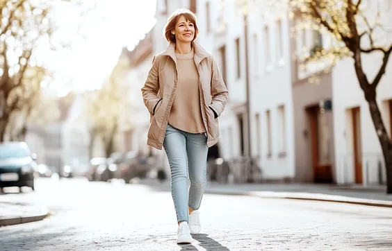 Frau mit Mischinkontinenz geht in der Stadt spazieren, Bäume und Häuser im Hintergrund