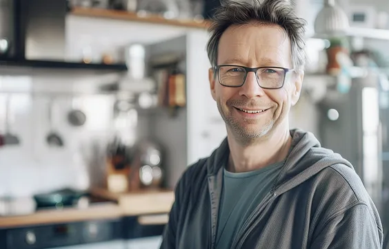 doppelläufiges Stoma, lächelnder Mann in Wohnung, temporäres Stoma