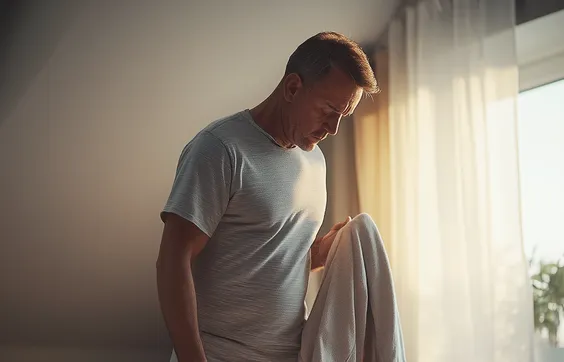 Orthese nachts tragen, Mann steht neben Bett, Orthese am Sprunggelenk etwa bei Bänderriss auch nachts hilfreich