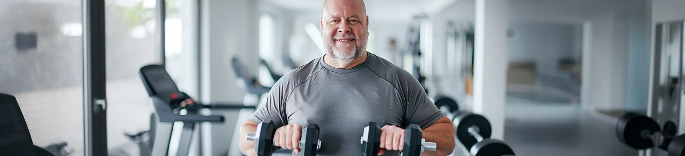 Post-Polio-Syndrom, Muskelschwäche, chronische Müdigkeit, Mann macht Physiotherapie-Übungen mit Hanteln