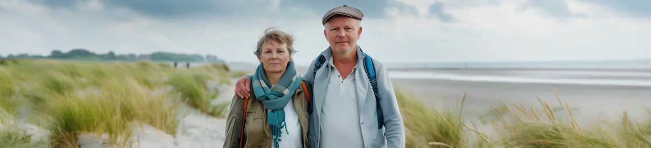 Urgeinkontinenz, liebevolles Paar mittleren Alters beim Strandspaziergang, Dranginkontinenz