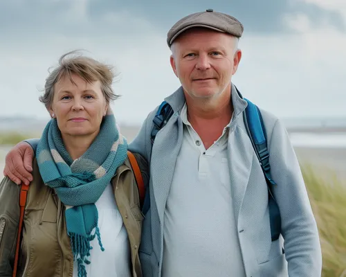 Urgeinkontinenz, liebevolles Paar mittleren Alters beim Strandspaziergang, Dranginkontinenz