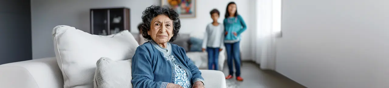 ältere Frau mit Reflexinkontinenz sitzt auf Sofa, Kinder im Hintergrund