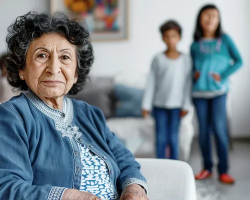 ältere Frau mit Reflexinkontinenz sitzt auf Sofa, Kinder im Hintergrund