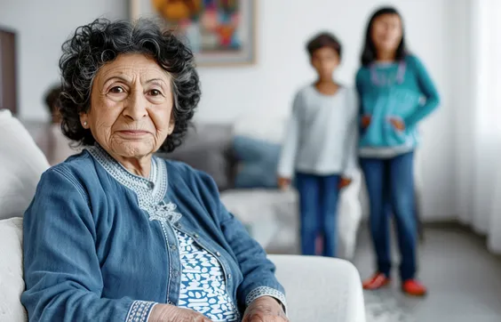 ältere Frau mit Reflexinkontinenz sitzt auf Sofa, Kinder im Hintergrund