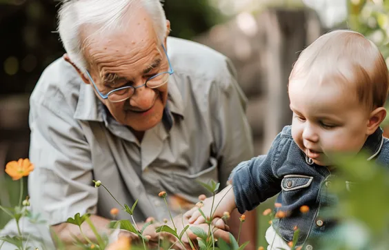 Inkontinenz nach Prostata-OP, älterer Mann und Enkel spielen, Mann trägt Inkobeutel