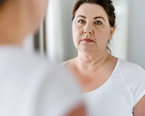 Frau mit Gewichtszunahme bei Lipödem, schaut in den Spiegel, weißes Tshirt