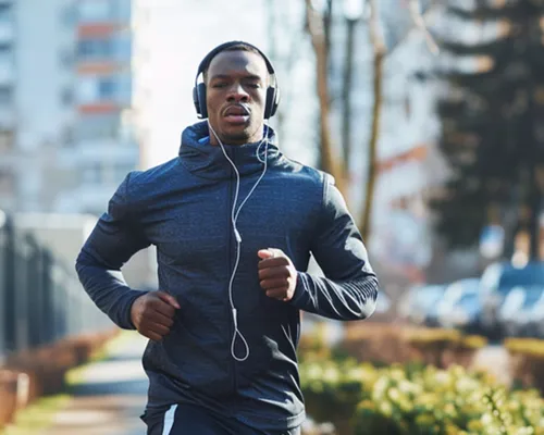 Meniskusrissbehandlung, junger Mann joggt, trägt Orthese