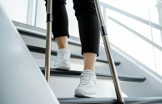 Person läuft mit Krücken die Treppe herunter, auf Bild sind nur die Beine und Füße zu sehen, Schattenwurf an der Wand im Hintergrund