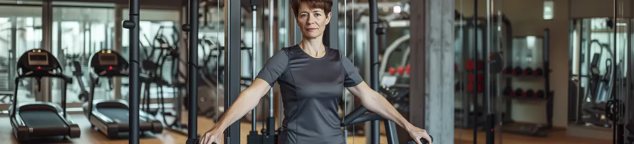 Belastungsinkontinenz, Frau im Fitnessstudio  macht Krafttraining