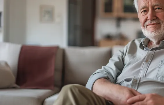 Stuhl-Inkontinenz, Mann auf Sofa, Beckenbodengymnastik hilft um Sphinkter zu stärken