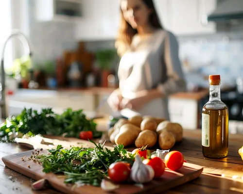 Ernährung bei Lipödem, Gemüse, Öl und Kräuter liegen auf Arbeitsfläche in Küche, Frau steht im Hintergrund und kocht