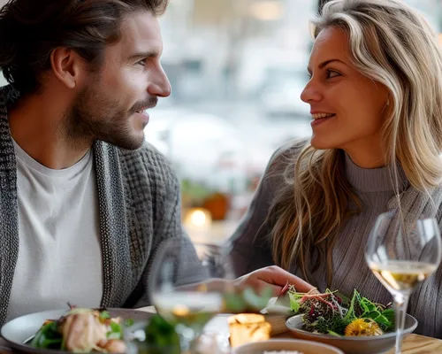 Frau mit Ileostoma, Paar beim Essen im Restaurant