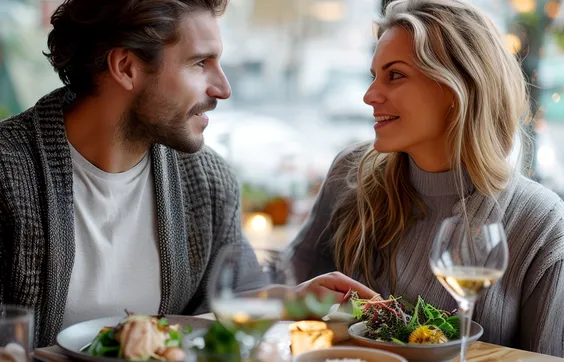 Frau mit Ileostoma, Paar beim Essen im Restaurant