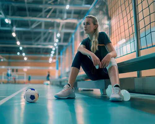 Bänderriss Fuß, sitzende Frau in Sporthalle, ein Fuß wird gekühlt, vor der Frau liegt ein Ball, Sportunfall