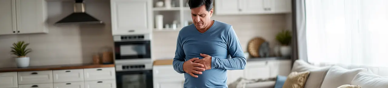 Mann hält sich den Bauch. Stomabeutel Wechsel
