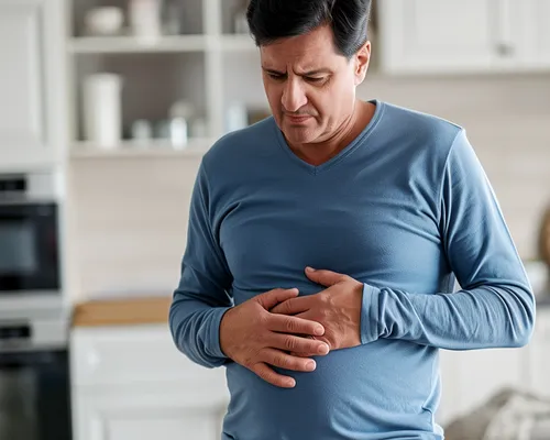 Mann hält sich den Bauch. Stomabeutel Wechsel