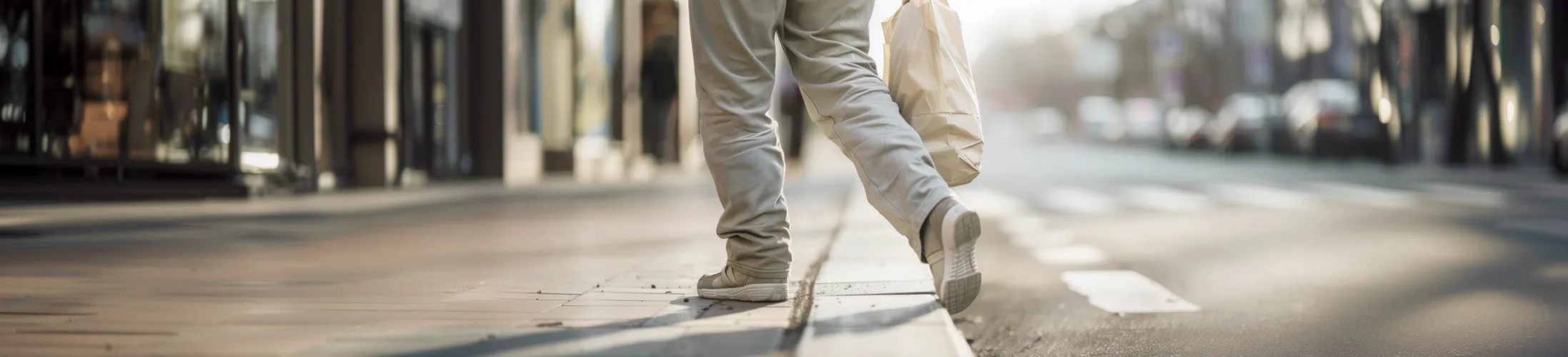 Mann stolpert über Bordstein, knickt mit Fuß um, trägt Einkaufstüte, Straße