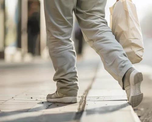 Mann stolpert über Bordstein, knickt mit Fuß um, trägt Einkaufstüte, Straße