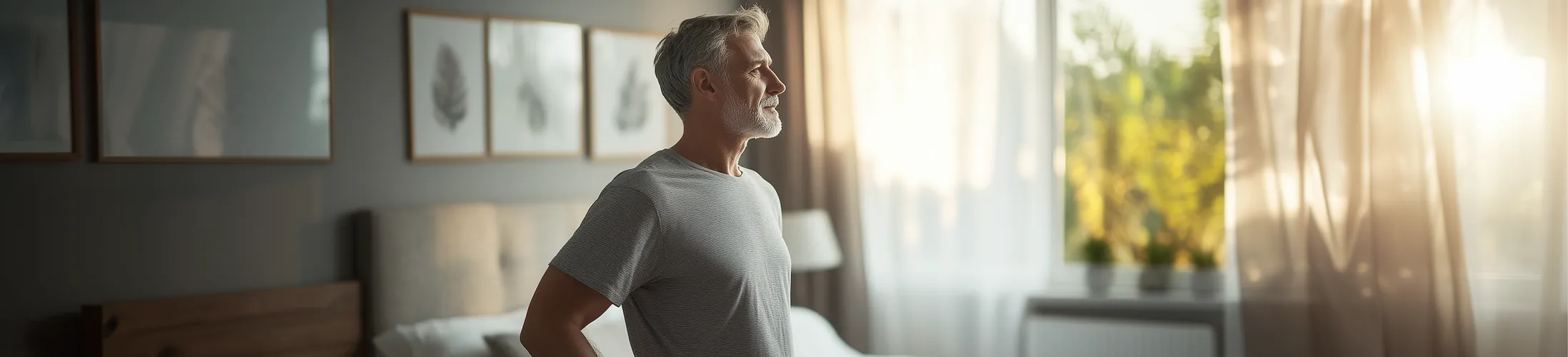 Orthese nachts tragen, Mann steht neben Bett, Orthese am Sprunggelenk bei Bänderriss auch nachts sinnvoll