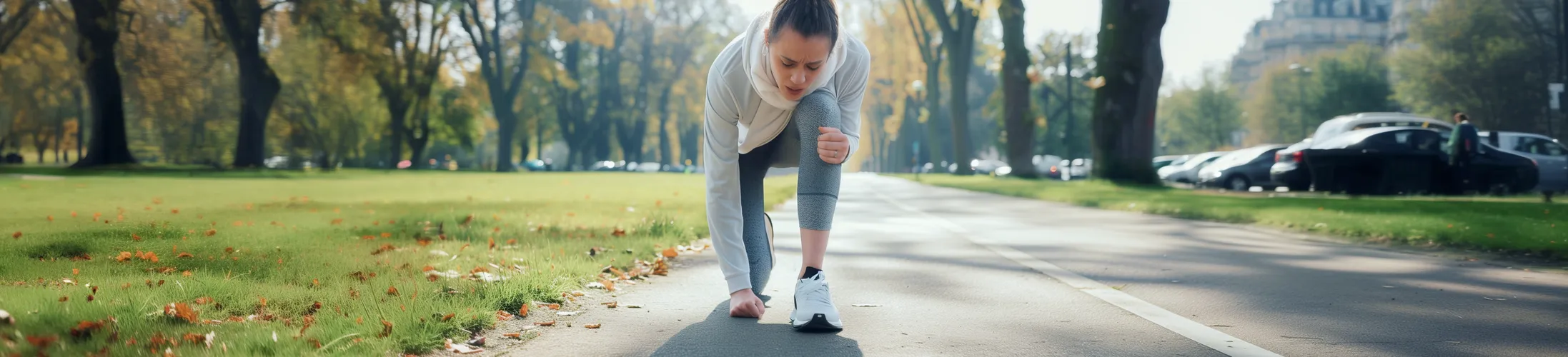 Muskelschwäche, Joggerin hockt am Boden und hält sich das Bein, gewohnte Bewegungen fallen schwer