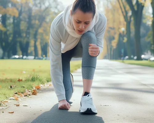 Muskelschwäche, Joggerin hockt am Boden und hält sich das Bein, gewohnte Bewegungen fallen schwer