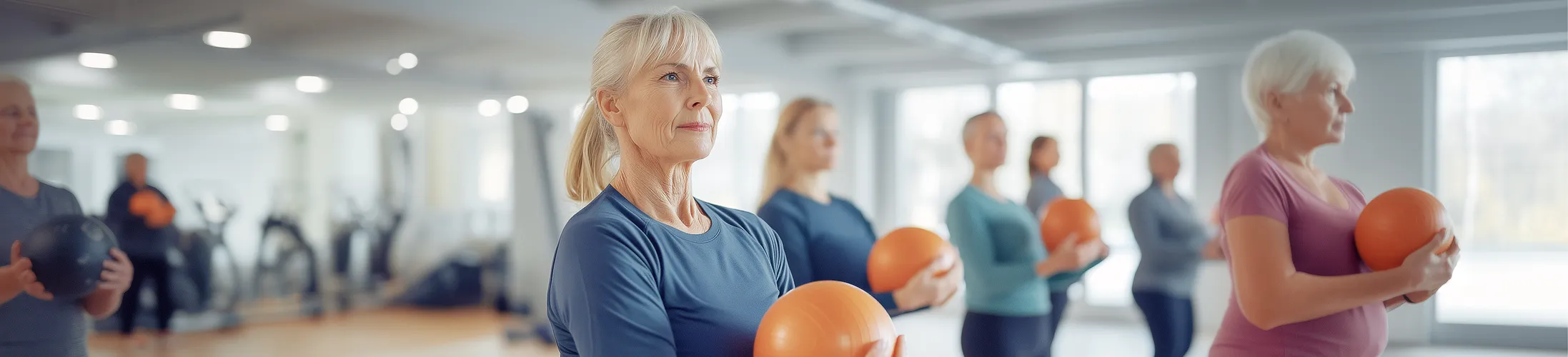 Muskelschwäche, Gruppe mit Bällen, Krankengymnastik stärkt Muskeln